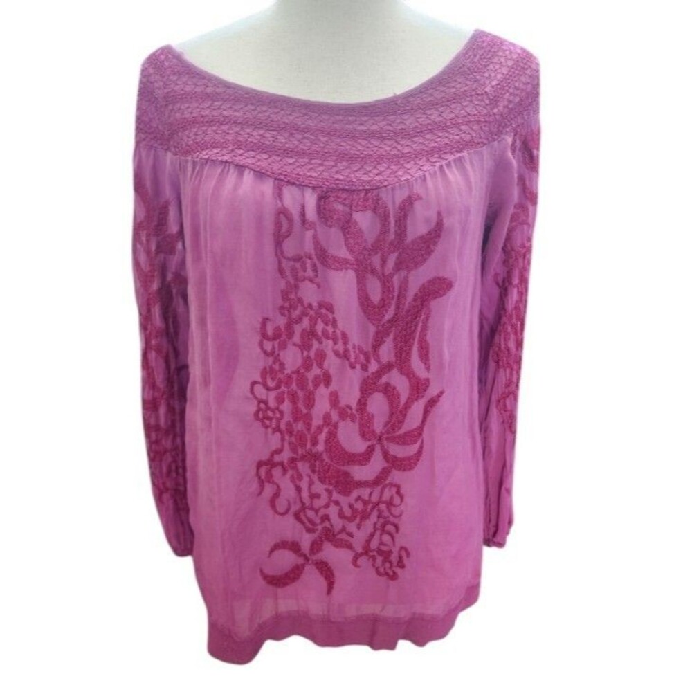 Language Silk Embroidered Top Size XS Boho Long Sleeve